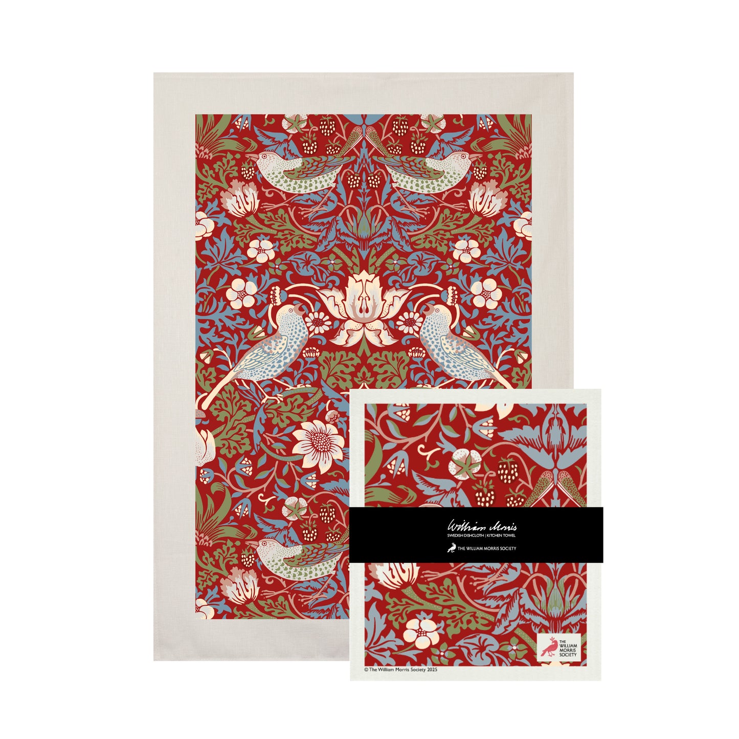 William Morris set kökshandduk och disktrasa Strawberry thief red