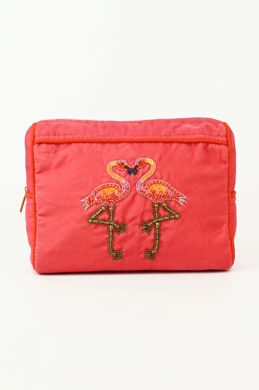 Broderad medium necessär/sminkväska flamingo