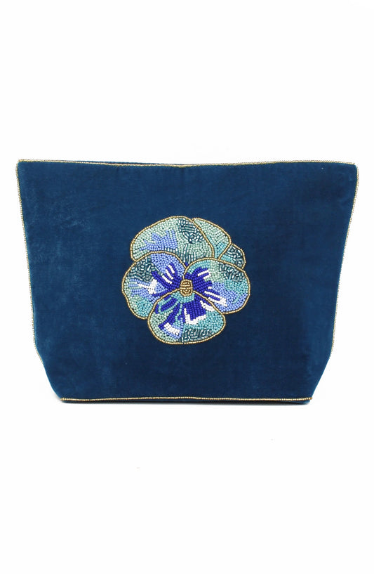 Broderad large sminkväska/necessär blå pensé