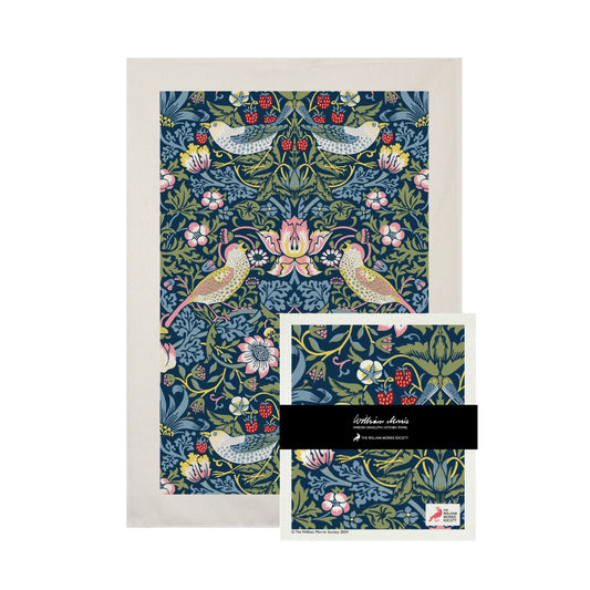 William Morris set kökshandduk och disktrasa Strawberry thief blue