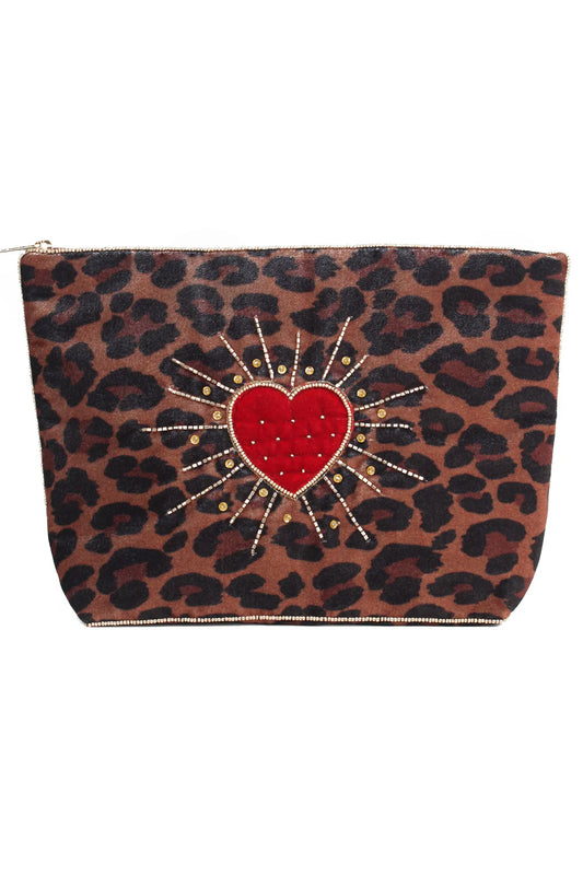 Broderad large sminkväska/necessär leopard hjärta
