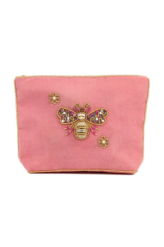Broderad medium sminkväska/necessär rosa bi
