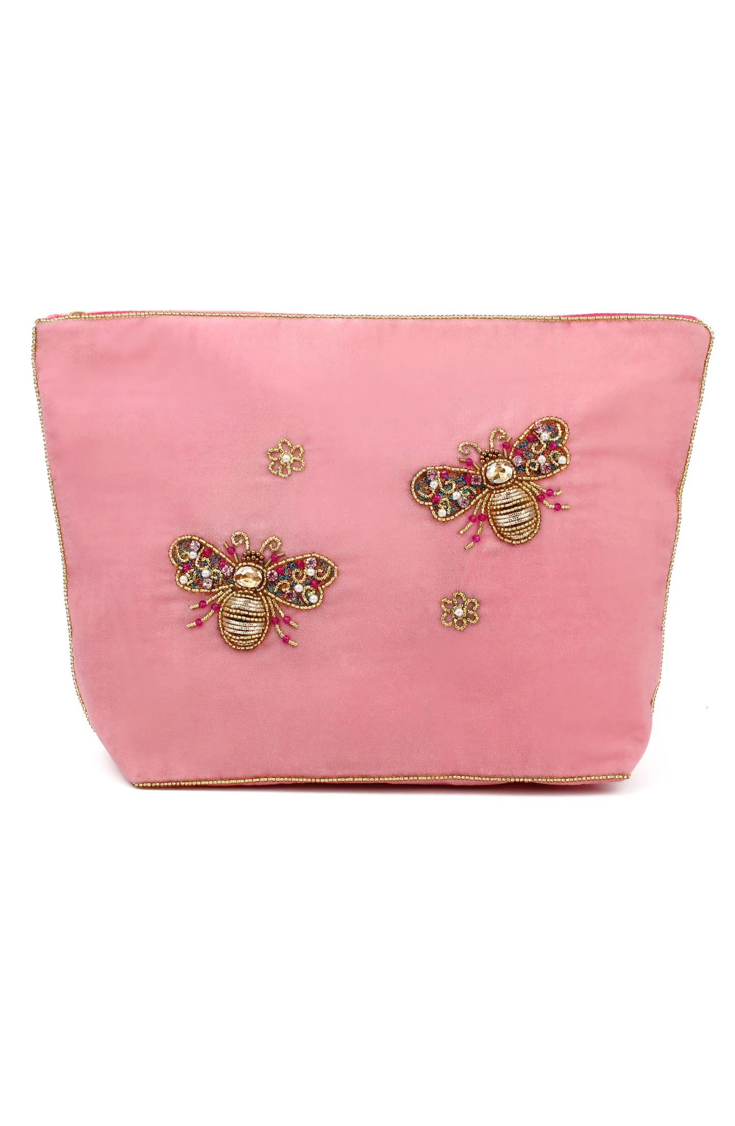Broderad large sminkväska/necessär rosa bi