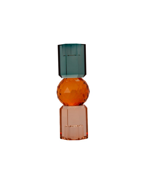 Kristall ljusstake i glas petrol/orange/rosa