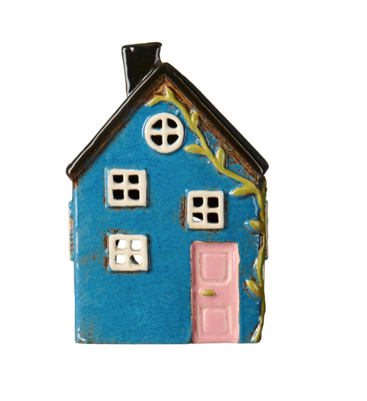 Danska värmeljushus blå med klätterväxt